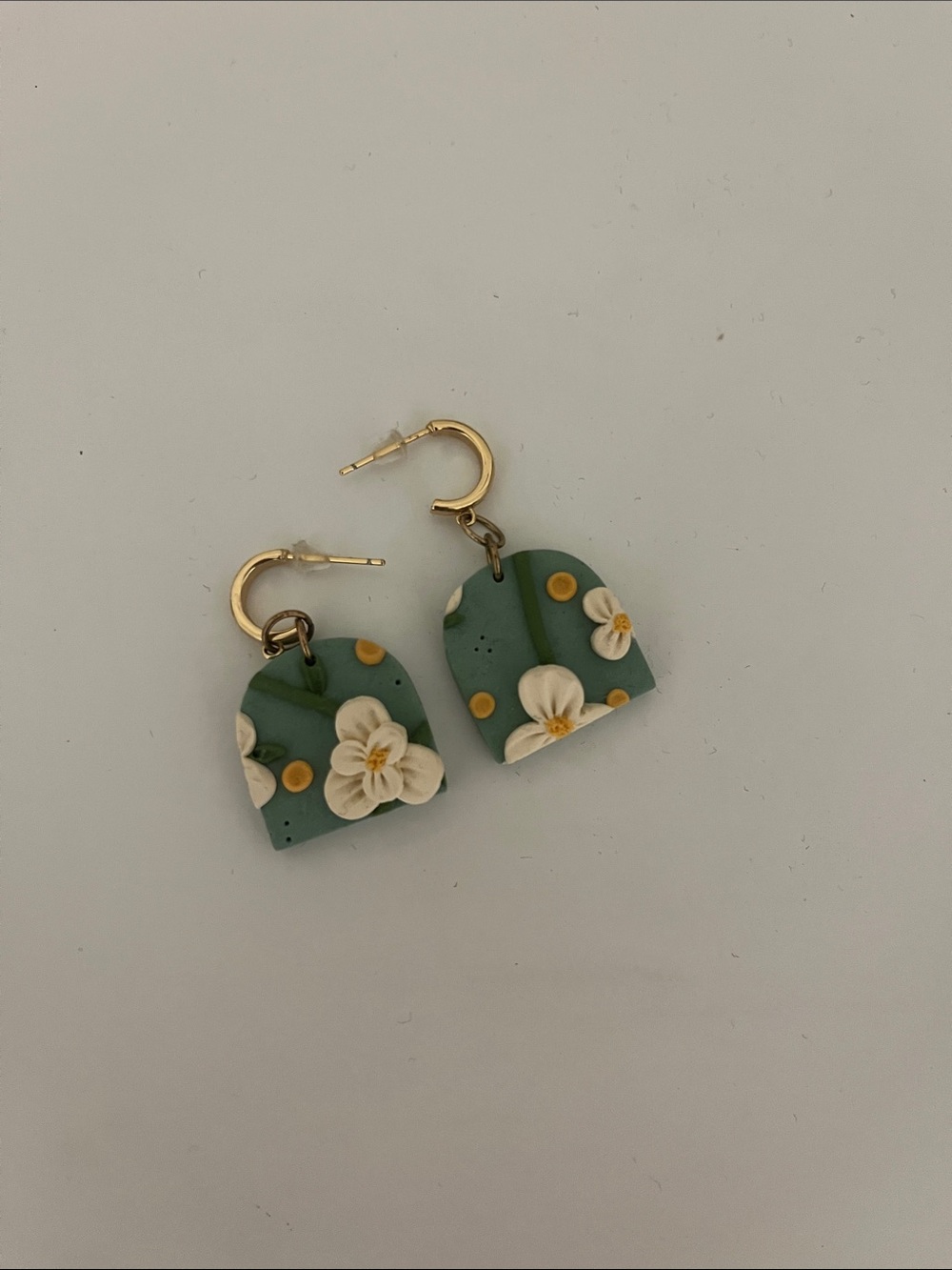 Handmade Green Floral Arch Drop Earrings - Gold Hoops